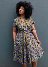 African Print Wrap Dress-Olive Green Purple