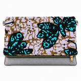 Turquoise Butterfly beaded clutch on white with gold zipper hardware