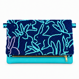 Turquoise Bunny clutch on white with gold zipper hardware based on the actual YKK reference