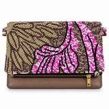 Viola Bronze clutch with bronze and gold beadwork, pink and white detailing and a bronze leather base