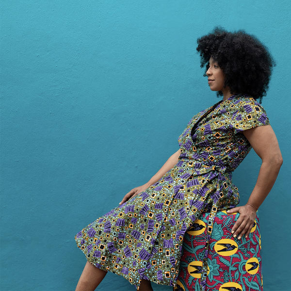 African Print Wrap Dress-Olive Green Purple