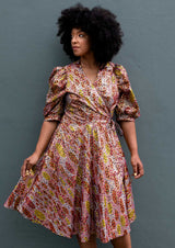 African Print Wrap Dress-Peach Yellow