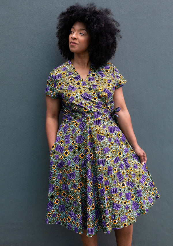 African Print Wrap Dress-Olive Green Purple