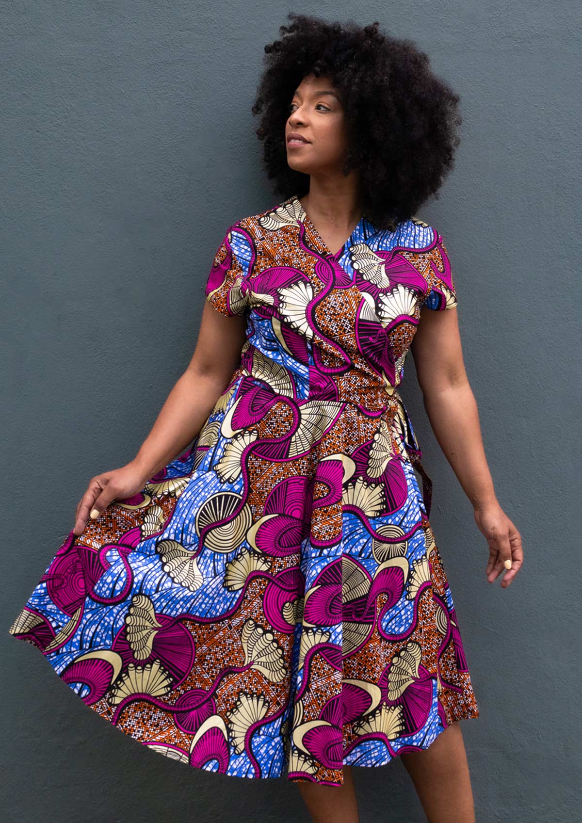 African Print Wrap Dress Magenta Blue