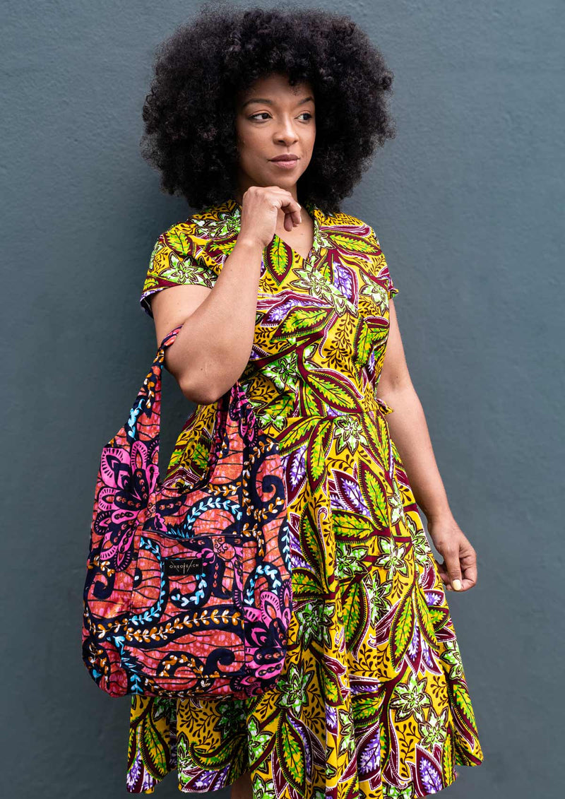 African Print Wrap Dress-Yellow Maroon