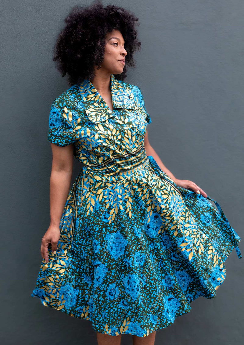 African Print Wrap Dress-Blue Gold