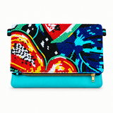 Summer Harvest turquoise leather clutch with gold zipper based on the actual YKK hardware reference