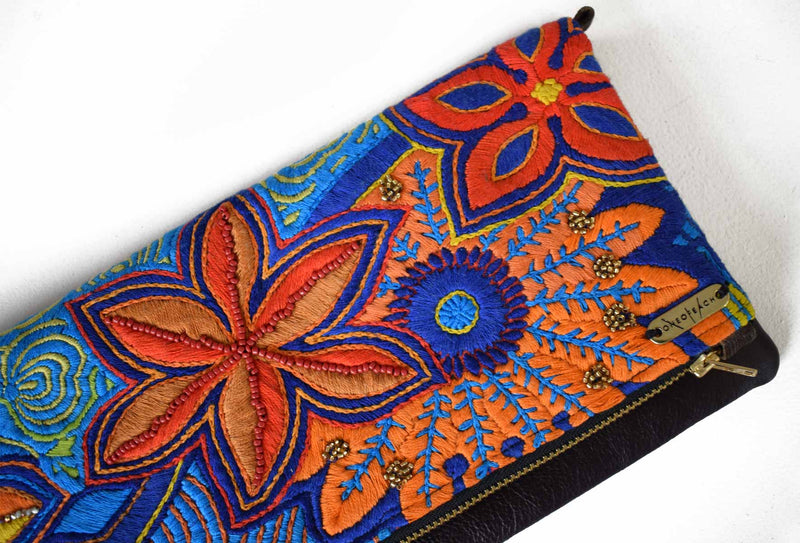 Blue and Orange Flowers | Embellished Luxury Clutch Bag