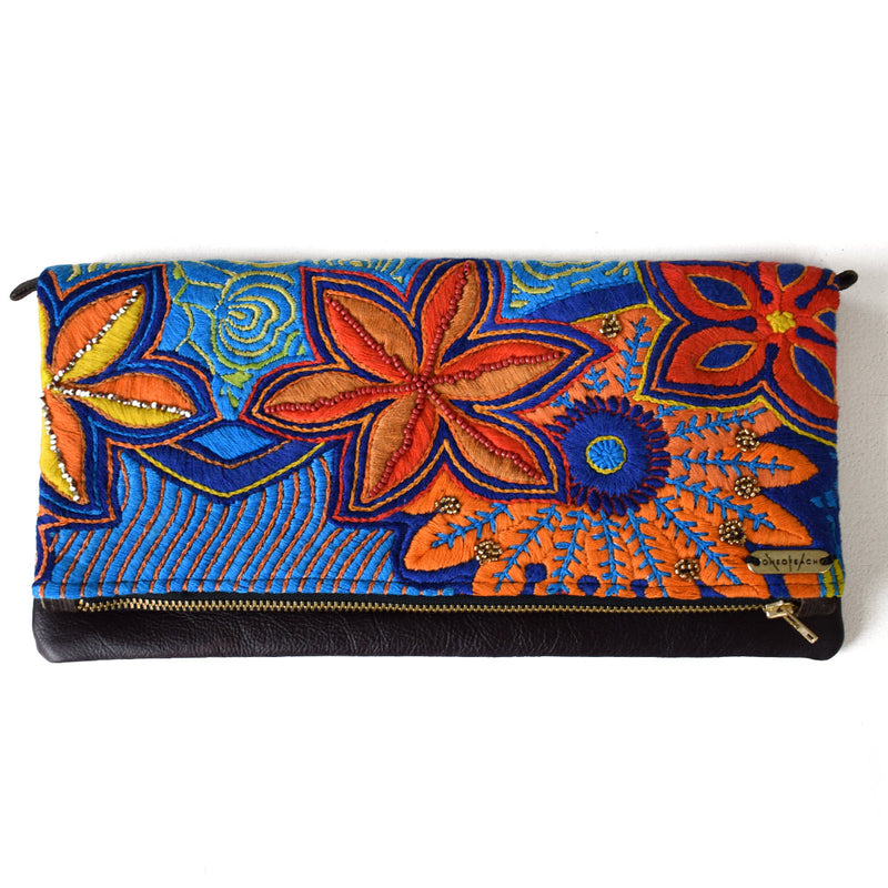 Blue and Orange Flowers | Embellished Luxury Clutch Bag